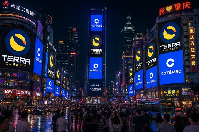A bustling nighttime street scene in Chongqing, China, illuminated by massive digital billboards displaying Coinbase ($COIN) and Terra Classic ($LUNC) logos, fitting the "Gm $LUNC" post as it showcases prominent crypto advertising in a major urban center.