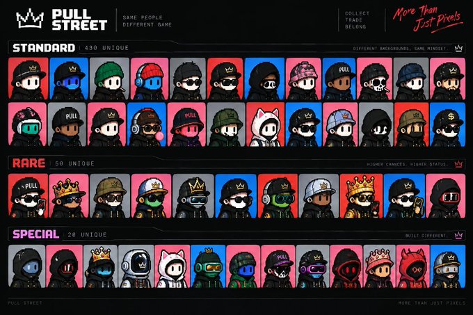 A promotional graphic for 'PULL STREET' NFT collection, displaying grids of character avatars categorized as Standard (430 Unique), Rare (50 Unique), and Special (20 Unique), with the tagline 'SAME PEOPLE DIFFERENT GAME.'