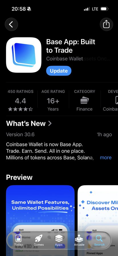 An App Store update page for 'Base App: Built to Trade' (formerly Coinbase Wallet) showing version 30.6 and a 4.4 star rating.