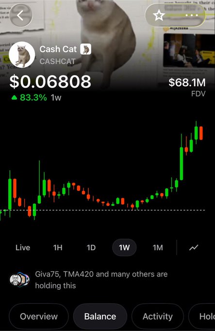 A cryptocurrency trading chart showing Cash Cat (CASHCAT) token at $0.06808 with an 83.3% weekly gain and $68.1M FDV, displayed alongside an image of a cat.