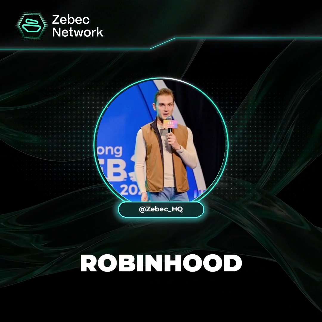 A promotional graphic featuring the Zebec Network logo and a circular photo of a man speaking into a microphone (with @Zebec_HQ handle), labeled "ROBINHOOD" in bold white text against a dark teal and black background, highlighting Zebec's integration with Robinhood Chain.