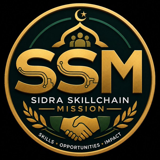 A circular gold and dark green logo for 'SSM - SIDRA SKILLCHAIN MISSION' featuring a crescent and star, people under a dome, a handshake, and the words 'SKILLS • OPPORTUNITIES • IMPACT'.
