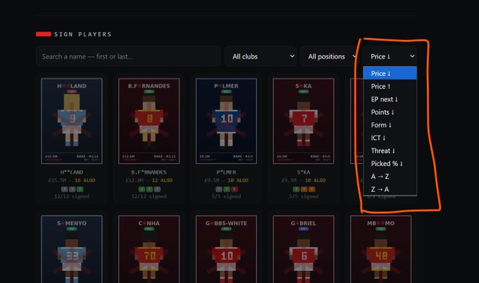 A screenshot of a 'SIGN PLAYERS' interface for a sports game, showing pixelated player cards with sorting options highlighted in orange, including 'Price', 'Points', 'Threat', and 'Form'.