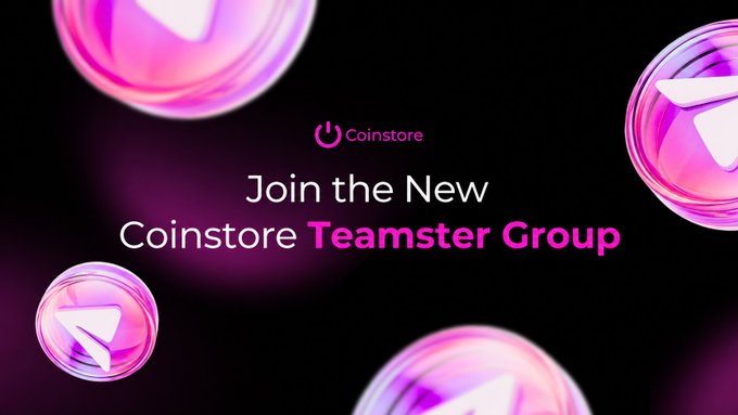A promotional banner featuring the Coinstore logo and the text "Join the New Coinstore Teamster Group" displayed against a dark background with floating pink and purple orbs containing the Coinstore icon. The image aligns with the post announcing a recruitment campaign offering participants a chance to win a share of a 500 USDT prize pool by completing Gleam tasks to join the new Teamster group.