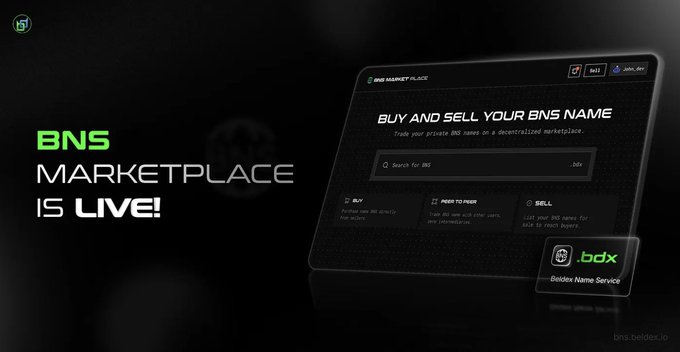 A promotional banner for Beldex announces the launch of the "BNS Marketplace," a decentralized platform for trading private BNS (Beldex Name Service) names, displaying the slogan "BUY AND SELL YOUR BNS NAME" alongside a mockup of the marketplace interface featuring Buy, Post to Rent, and Sell options. The ad emphasizes the .bdx domain extension for simplified, privacy-focused transactions without middlemen.