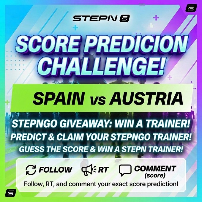 A STEP'N Score Prediction Challenge promotional poster for Spain vs Austria, instructing users to follow, RT, and comment their score prediction to win a STEPN trainer.
