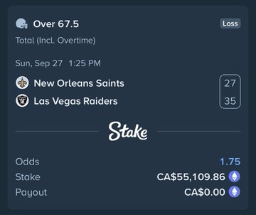 The image shows a Stake betting slip for an NFL game between the New Orleans Saints and Las Vegas Raiders on Sunday, September 27, where the bet on "Over 67.5" total points was marked as a loss (Saints 27, Raiders 35), resulting in a CA$0.00 payout on a CA$55.59 wager. The caption relates to the user's complaint that Stake voided a winning bet but did not similarly void the losing bet shown here.
