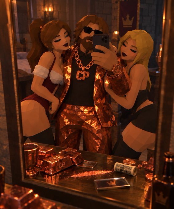 A 3D animated scene shows a male character with sunglasses, a beard, a gold chain with "CP" pendant, and a gold-patterned outfit taking a selfie with two female characters in a lavish room with gold bars and money on a table.