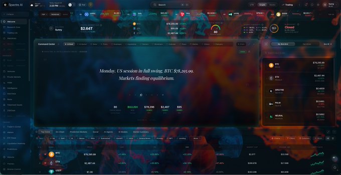 A screenshot of the Spectre AI trading dashboard showing a portfolio value of $2.64T, with a 'Command Center' stating 'Monday. US session in full swing. BTC: $78,295.00. Markets finding equilibrium,' along with various crypto price data including BTC ($78,295.00), ETH, SPECTRE, PRLM, and NEBUL.
