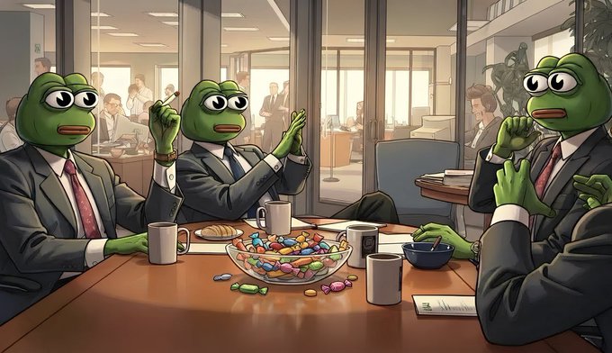 The image features a cartoon depiction of four green frogs sitting at a table, each wearing a suit and tie. They are engaged in a meeting or discussion, with one frog holding up his hand as if posing for a picture. The background shows an office setting with people present, indicating that the scene takes place in a professional environment.

There is a bowl of candy on the table, which adds to the overall atmosphere and suggests that they are having a casual meeting or gathering. A cup can also be seen near one of the frogs, possibly containing a beverage for the attendees. The image conveys a sense of camaraderie and collaboration among the participants in the meeting.