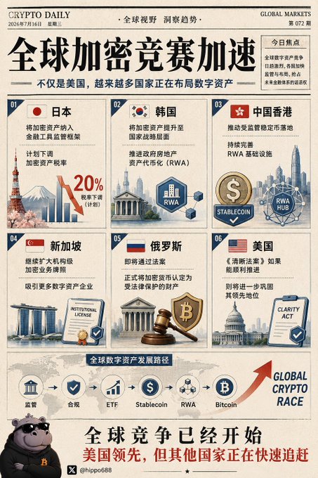 An infographic titled "Global Crypto Competition Accelerates" dated July 16, 2024, highlighting six countries' crypto initiatives: Japan (cutting crypto tax from 55% to 20%), South Korea (advancing RWA tokenization), Hong Kong (stablecoin and RWA hubs), Singapore (attracting digital asset firms), Russia (introducing crypto legislation), and the U.S. (CLARITY Act advancing), alongside a roadmap showing global digital asset development from regulation to Bitcoin.

The image visually reinforces the post's message by showcasing how nations beyond the U.S.—particularly Japan, South Korea, and Hong Kong—are actively building crypto frameworks, tax incentives, and RWA infrastructure, illustrating that the global crypto race is intensifying with multiple countries competing for leadership.