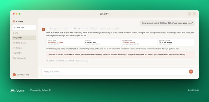 Another screenshot of the Sorin AI chat interface showing a 'SOL entry' analysis with details about selling and buying signals for Solana cryptocurrency.