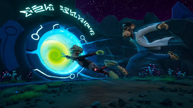 A 3D animated scene showing a monkey in a white lab coat chasing a small character through a glowing blue portal, with alien symbols hovering above in a dark, otherworldly landscape.