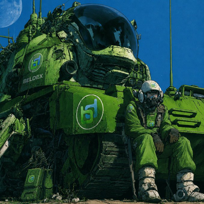 Cyberpunk-style illustration of a soldier in green gear sitting against a large green mech/vehicle branded with the 'BELDEX' logo.