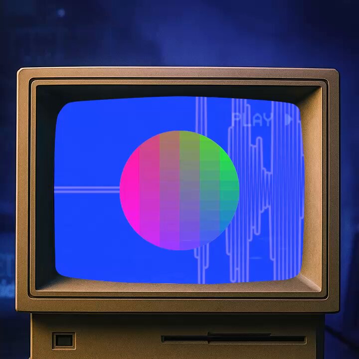The image features an old television set with a colorful display of a rainbow ball on its screen. The television has a brown frame and is turned off, creating a contrast between the vintage device and the vibrant colors of the ball displayed on the screen. The background appears to be dark blue, which further emphasizes the vividness of the rainbow ball.