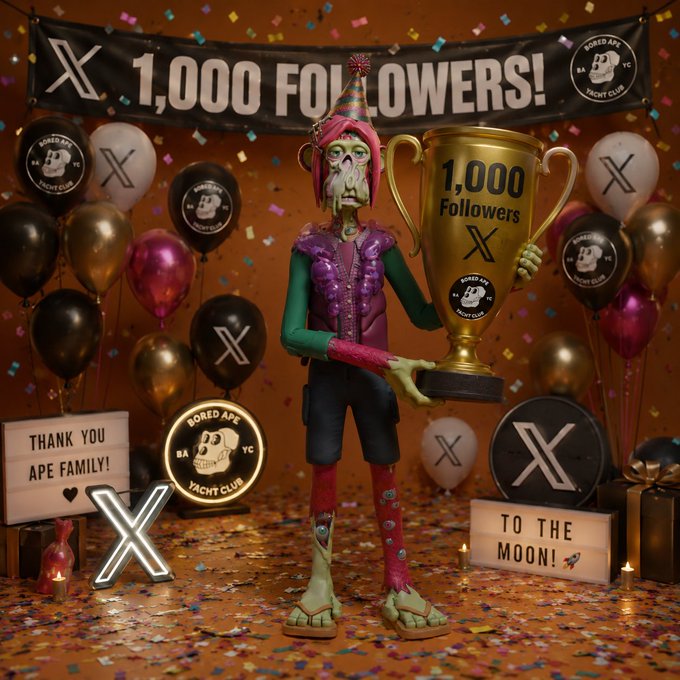 The image features a cartoon character, possibly a robot or a monster, holding a gold trophy with a "1,000 followers" sign above it. The character appears to be dressed in a purple shirt and green shorts. In front of the character is a banner that reads "X! 1000 Followers!". There are also balloons surrounding the scene, adding to the festive atmosphere. A post on social media can be seen below the image, likely promoting the character or the event.