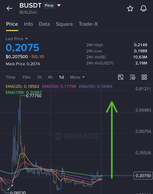 A Binance trading chart for the BUSDT perpetual pair (BUILDon) shows a last price of 0.2075, with a green arrow pointing upward and various EMA indicators displayed.