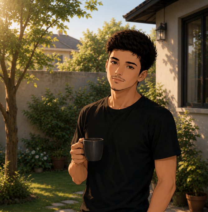An anime-style illustration of a young man with dark hair holding a mug in a sunlit garden setting.