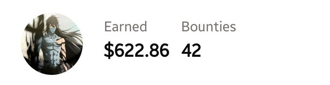 A user profile snippet showing an anime avatar with earnings of $622.86 and 42 bounties completed.