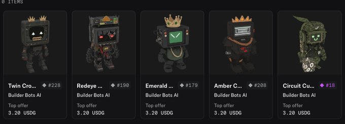 A marketplace listing showing five 'Builder Bots AI' NFT characters (Twin Crown, Redeem, Emerald, Amber Crown, Circuit) each with a top offer of 3.20 USDG.