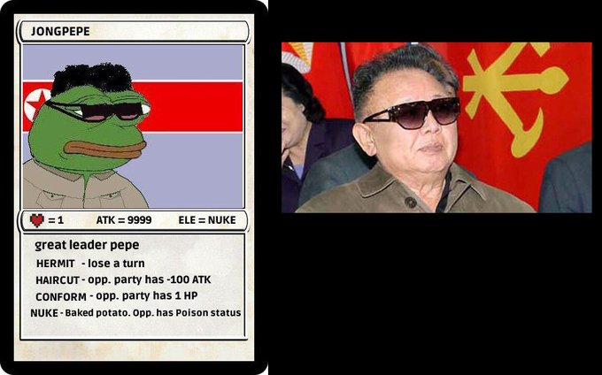 A side-by-side comparison featuring a Pokémon-style trading card titled "JONGPEPE" depicting a Pepe the Frog character styled with a North Korean flag background and Kim Jong-un attire, alongside an actual photograph of Kim Jong-un wearing sunglasses with a red flag bearing a hammer and sickle emblem in the background.