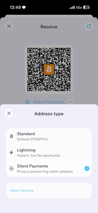 A screenshot of the Cake Wallet app showing the Bitcoin (BTC) "Receive" screen with a QR code and a Silent Payments address type selected at the bottom. The image illustrates the tutorial's instruction to use Cake Wallet and switch to Silent Payments for receiving the $shhhhh BRC-20 airdrop.