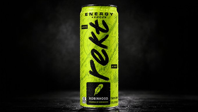 A vibrant neon green "YOKT" energy + focus can, powered by Robinhood, featuring bold black "REKT" graffiti-style lettering splashed across the label, playing on the crypto slang shown in the post about $REKT world domination.
