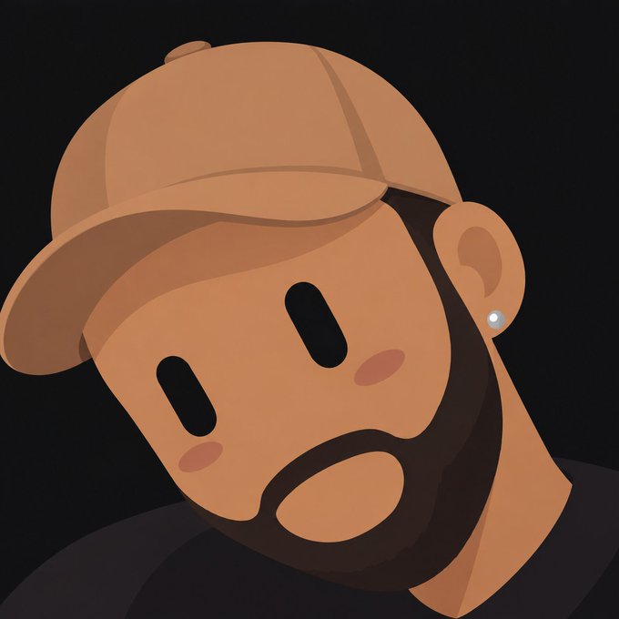 Digital illustration of a cartoon-style bearded man wearing a tan cap and black shirt against a black background.