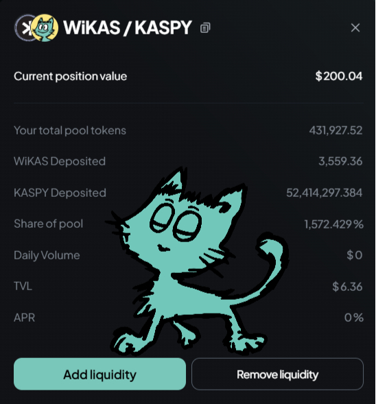 A screenshot of a KCOM DEX liquidity pool page for the WIKAS/KASPY pair, showing a current position value of $200.04 with 3,559.36 WIKAS and 52,414,297.384 KASPY deposited, overlaid with a cartoon blue cat illustration representing the $KASPY token. The $0 daily volume and 0% APR suggest the pool is new, aligning with the post announcing $KASPY's addition to the KCOM DEX via $IGRA.