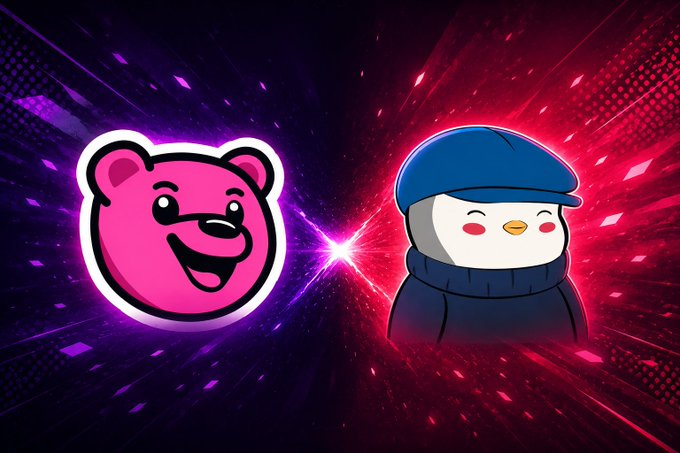 A graphic depicting a rivalry between a pink bear logo on the left and a penguin wearing a blue beanie on the right, facing off with a clash of pink and red lights between them.