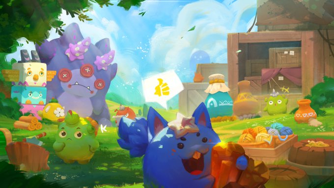 A vibrant, cartoon-style scene showcases whimsical creatures including a blue fox-like character, a green dinosaur, and various monster-like beings gathered around a large purple stone with red button symbols, set in a colorful outdoor environment with crates and a sign reading "REWARD."

This image relates to the post by showcasing one of the creative games from the "Vibeathon" competition, where Lunacians are invited to vote for their favorite build from the community builders.