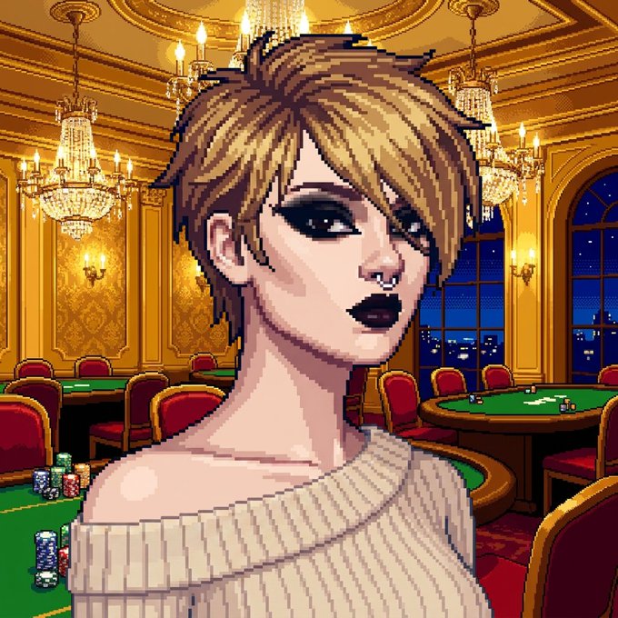 A pixel-art style illustration of a character with short blonde hair, dark lipstick, and a nose ring, set in an ornate casino room with chandeliers and gaming tables.
