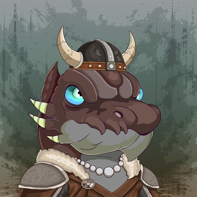A cartoon portrait of a reptilian creature wearing a horned Viking helmet, spiked shoulder armor, and a fur-collared tunic, set against a textured green background.