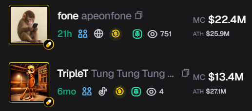 The image displays two memecoin listings: "fone" (apeonfone) with a market cap of $22.4M and "TripleT Tung Tung Tung..." with a market cap of $13.4M. This visualizes the post's complaint about the irony in crypto where lesser memecoins reach higher valuations than "Tung Tung Tung," a viral meme that remains undervalued despite its cultural significance.