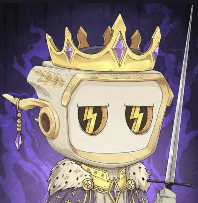 A chibi-style character with a cubic white head, golden crown, and lightning bolt eyes wears regal purple and gold robes against a dark purple background.