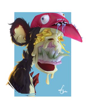 An artistic illustration of a distorted, monstrous character with a red crab-like head, drooling yellow substance, sharp teeth, and an open screaming mouth on a light blue background.