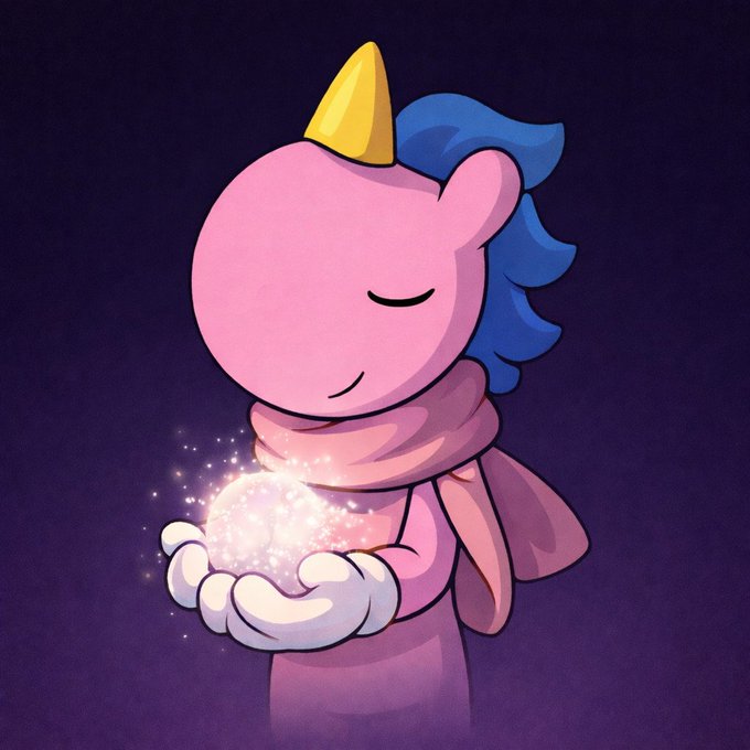 A cartoon-style pink unicorn character with a blue mane, yellow horn, and pink scarf, smiling serenely with eyes closed while cradling a glowing, sparkling orb in its hooves against a dark purple background.