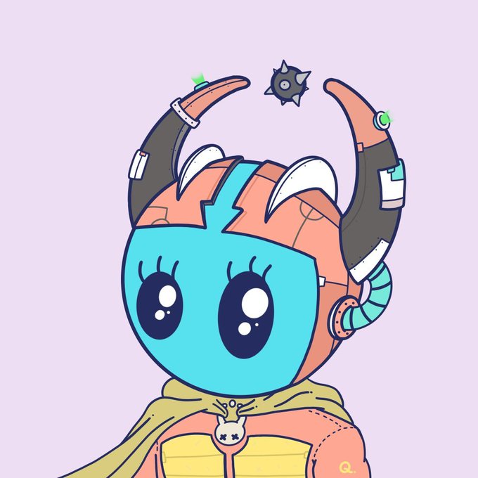 A cute blue robotic character with horn-like headgear and large eyes, wearing a yellow hoodie, gazes up at a small spiked ball floating above its head. The artist's signature "@_" is visible in the bottom right, tying into the Quirkies NFT collection mentioned in the raffle post.