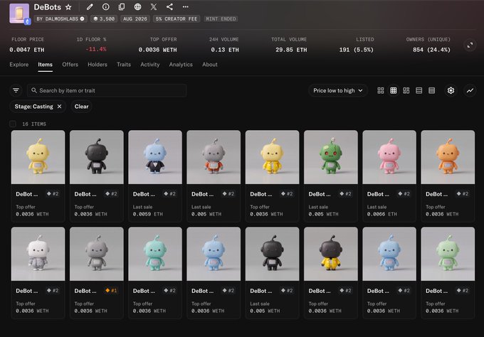 A screenshot of the 'DeBots' NFT collection on OpenSea by @dalmoslabs, showing a floor price of 0.0047 ETH, with 16 items displayed featuring various small, colorful robot-like figures.