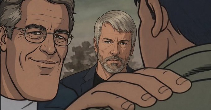 An illustrated/cartoon-style image showing two men resembling Bill Gates and a gray-haired bearded man looking at a third person whose back and hand are visible in the foreground.
