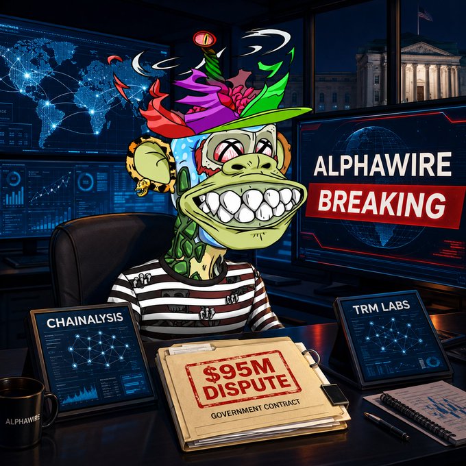 A news graphic featuring a cartoon ape in a striped shirt at a news desk, with an "ALPHAWIRE BREAKING" banner and a folder labeled "$95M DISPUTE - GOVERNMENT CONTRACT," flanked by screens reading "CHAINALYSIS" and "TRM LABS."