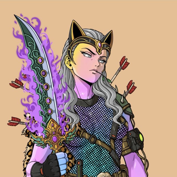 A digital illustration of a fantasy warrior with cat ears, silver hair, and a large sword surrounded by purple flames, with arrows stuck in her back.