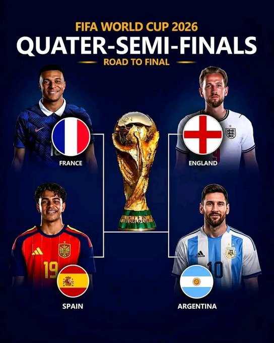 A FIFA World Cup 2026 graphic showing the quarter-semi-finals bracket with players Mbappé (France), Bellingham (England), Lamine Yamal (Spain), and Messi (Argentina) alongside their country flags and the World Cup trophy.