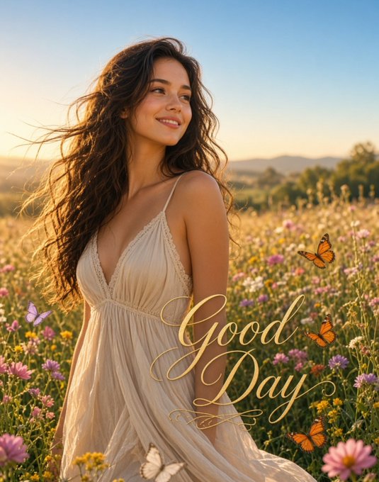 A young woman with long flowing hair smiles in a wildflower meadow at golden hour, with butterflies around her and the text "Good Day" in elegant gold script.
