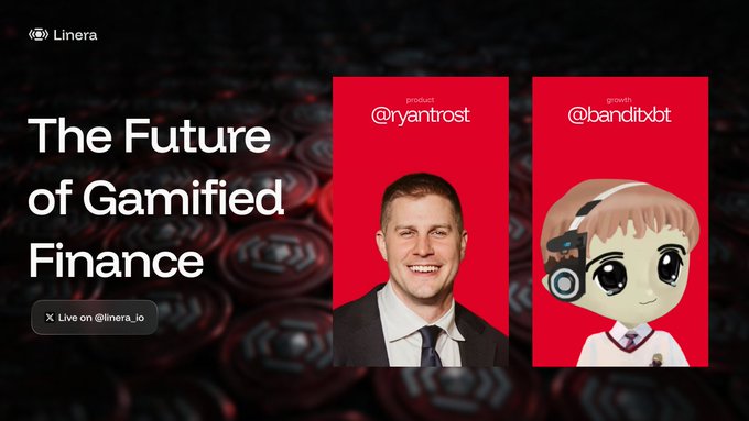 A Linera promotional graphic featuring "The Future of Gamified Finance" headline alongside headshots of speakers Ryan Trost (@ryantrost, Product) and Bandit (@banditxbt, Growth) on red panels, advertising their X Space community sale event.