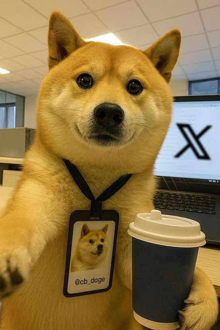 A Shiba Inu dog wearing a lanyard with a photo ID card labeled "@cb_doge" holds a coffee cup in its paw, sitting in front of a laptop displaying the X (formerly Twitter) logo.