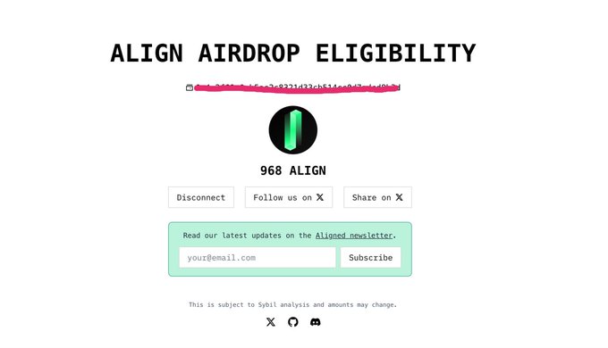 The image shows an "ALIGN AIRDROP ELIGIBILITY" page displaying a wallet address (partially redacted) eligible for 968 ALIGN tokens, with options to disconnect, share on X, and subscribe to a newsletter. It relates to the post by showing the actual airdrop allocation of 968 $ALIGN tokens to the user's wallet, though the post remains uncertain about whether this allocation will perform like Celestia or result in an instant "rekt."