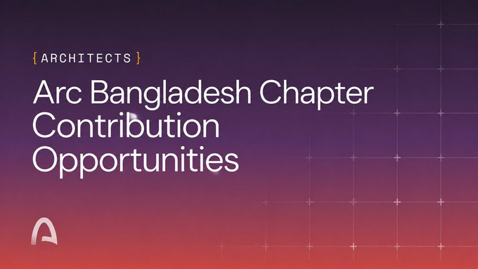 A purple and red gradient title slide reads '[ARCHITECTS] Arc Bangladesh Chapter Contribution Opportunities' with the Architects logo in the bottom left.