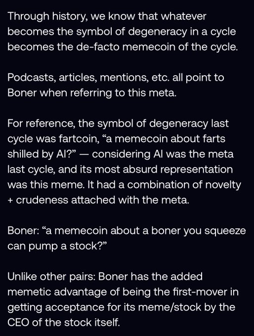 The image displays text arguing that "Boner" is this cycle's de facto memecoin symbol of degeneracy, paralleling last cycle's "fartcoin," with the added advantage of being first to gain acceptance from the CEO of its associated stock. This relates to the "Once in a cycle type of play" caption by framing Boner as a once-per-cycle degeneracy bet tied to the current memecoin cycle meta.