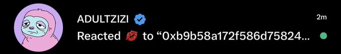 The image shows a Discord notification from the verified user "ADULTZIZI" who reacted with a kiss emoji (💋) to a post with the partial ID "0xb9b58a172f586d75824..." from 2 minutes ago, humorously confirming the "alpha" kiss mentioned in the accompanying post.